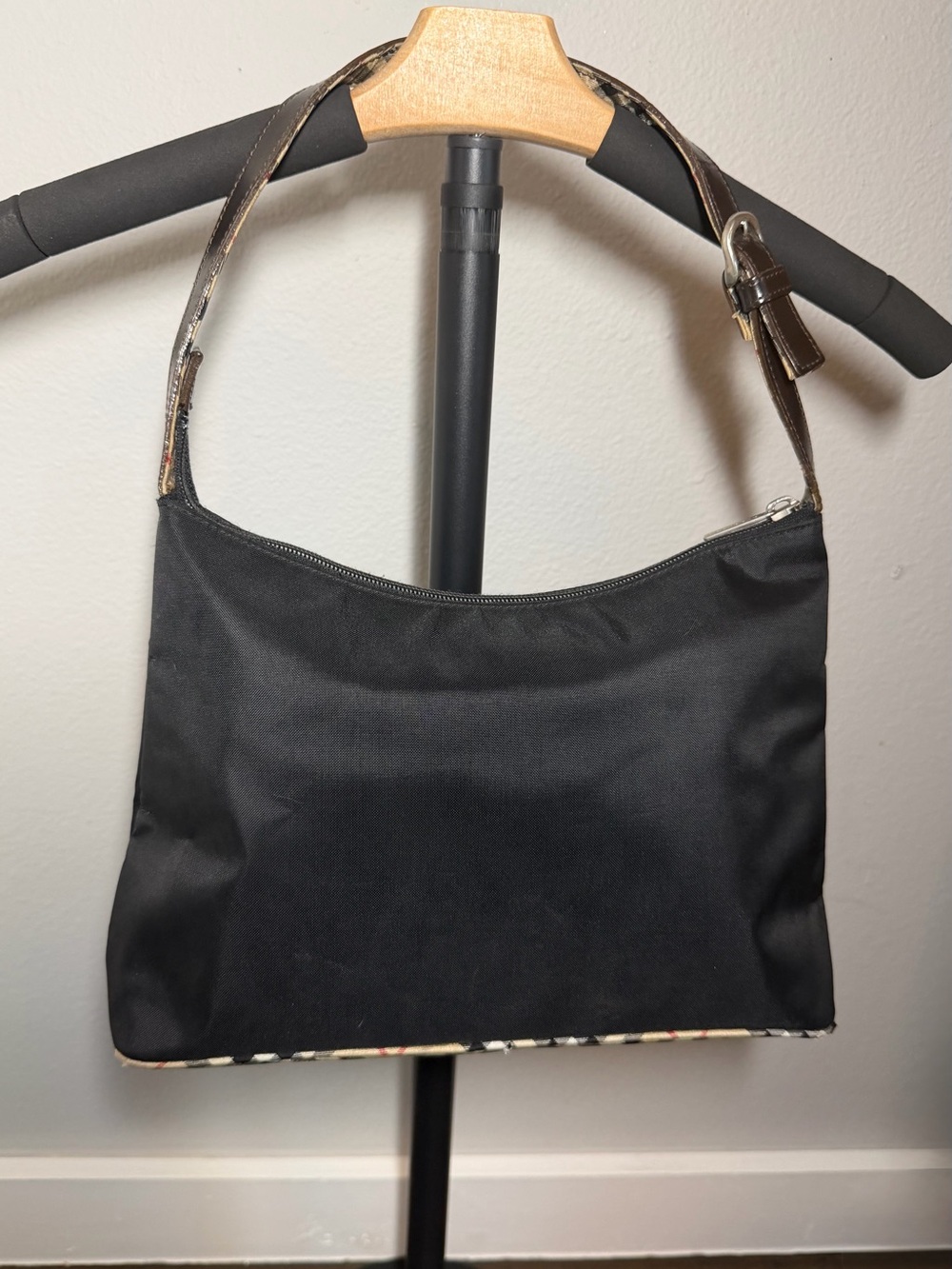 Burberry London Black Shoulder Bag with Nova Check Bottom and Adjustable Strap